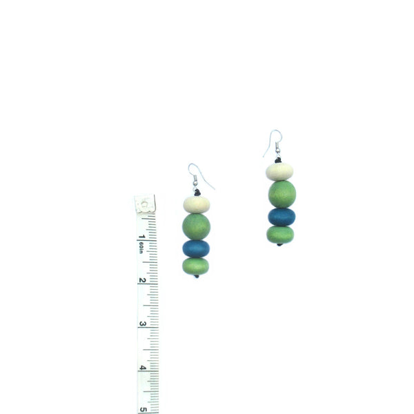 Moraine blue, green and white wood bead drop earrings
