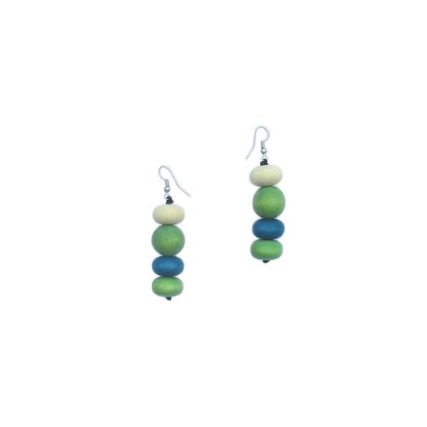 Moraine blue, green and white wood bead drop earrings