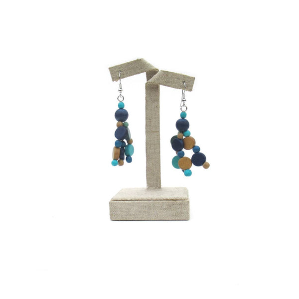 Livia blue and green wood bead earrings