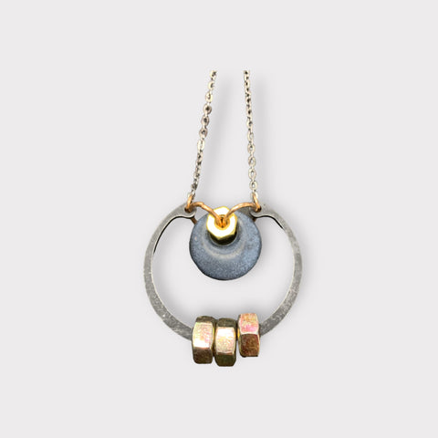 Retaining Ring necklace with metal nuts and recycled glass