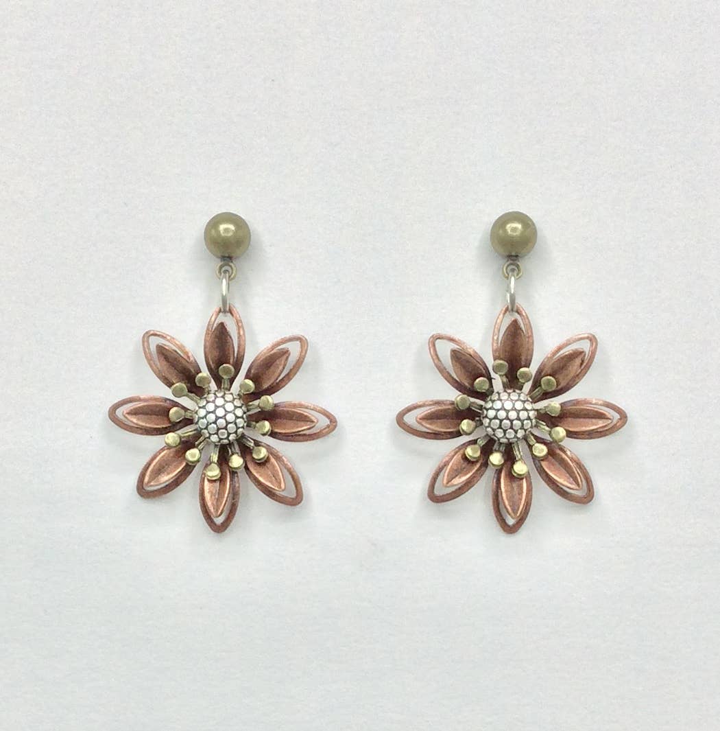Mechanical Botanical Earrings - 3262: Copper flower with silver and brass accents