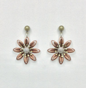 Mechanical Botanical Earrings - 3262: Copper flower with silver and brass accents