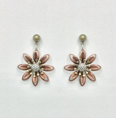 Mechanical Botanical Earrings - 3262: Copper flower with silver and brass accents