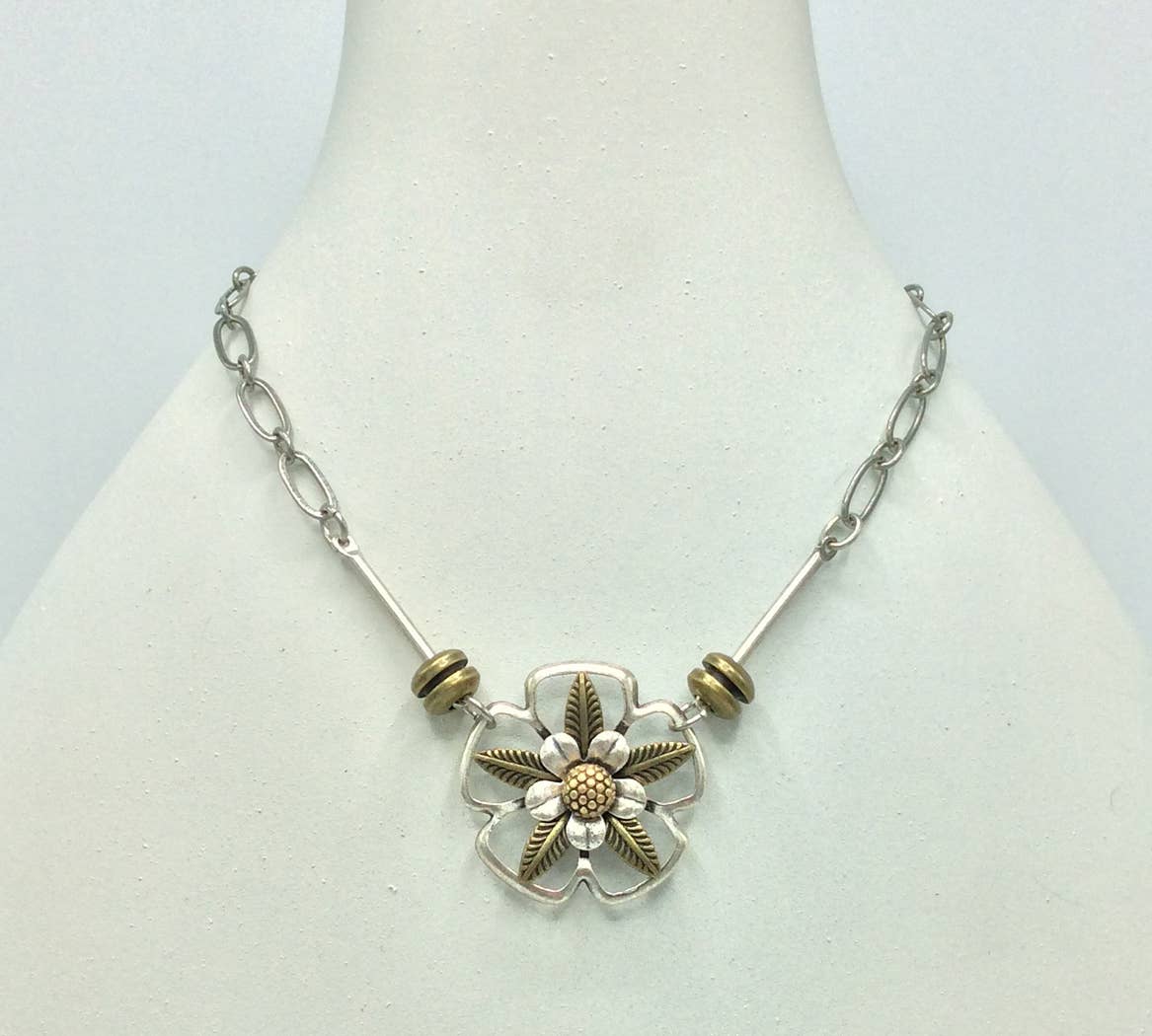 Silver & Brass Plated Flower Pendant/Charm Necklace