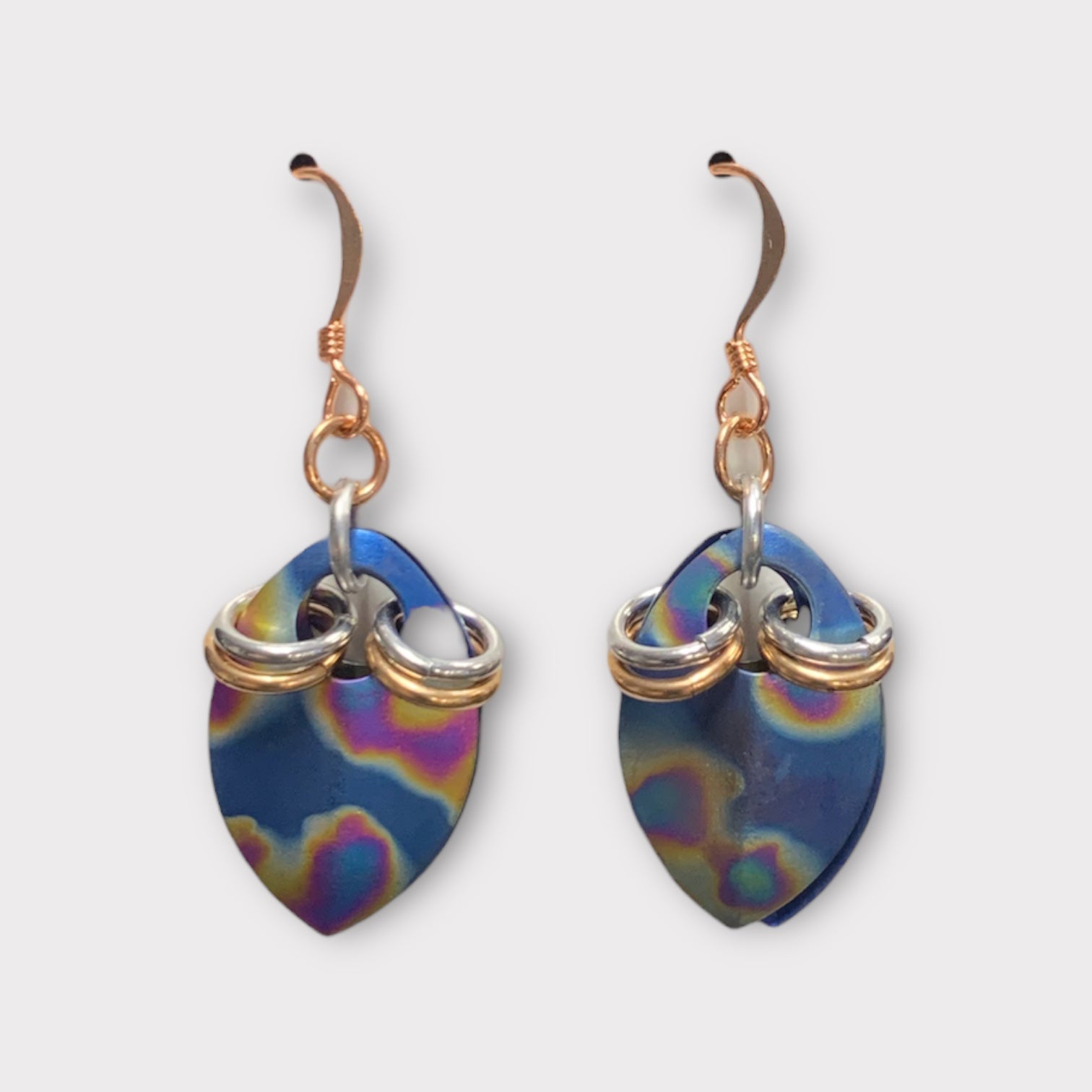 Titanium scale earrings with Aluminum and Bronze rings