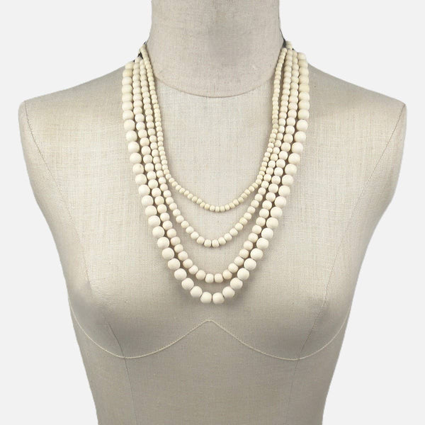 Classic 4 strand wood bead metal free necklace: Beach White