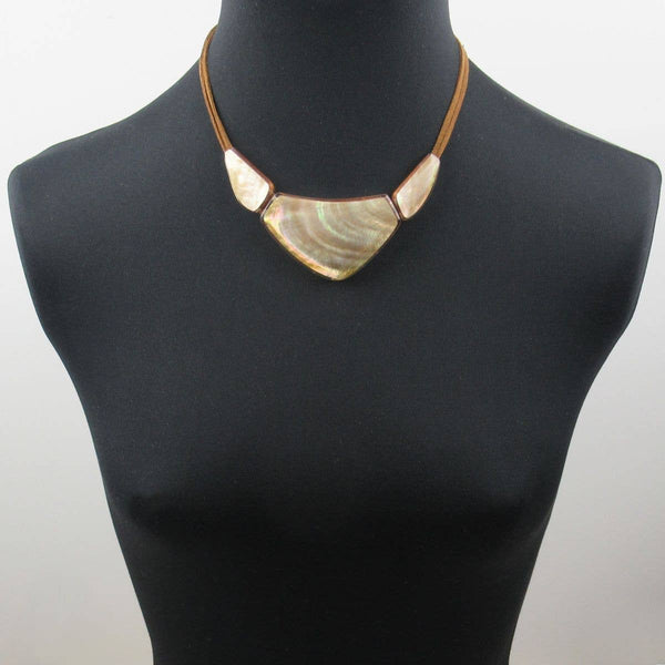 Sela mother of pearl and wood bib necklace