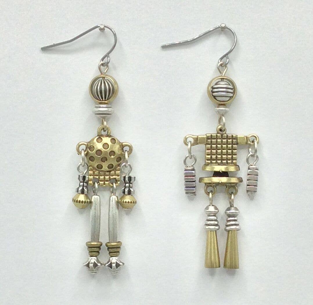 Silver and Brass Minibot Dangle Earrings