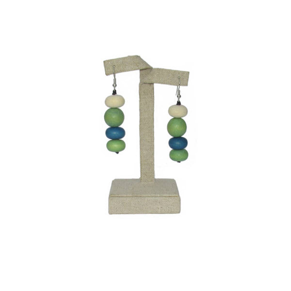 Moraine blue, green and white wood bead drop earrings
