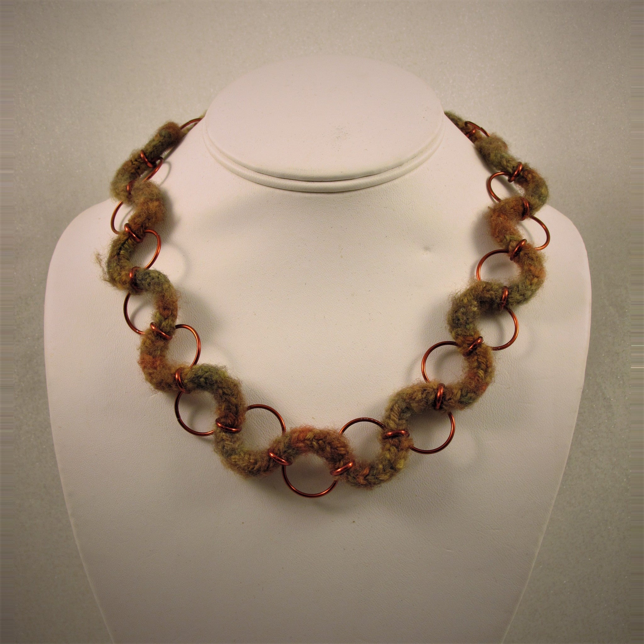 Variegated Brown wool hand knit cord Squiggle Necklace japanese weave