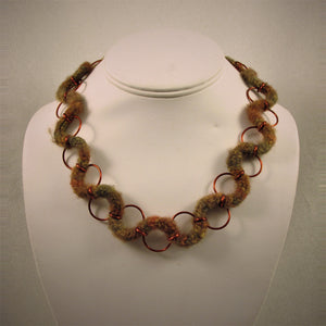 Variegated Brown wool hand knit cord Squiggle Necklace japanese weave