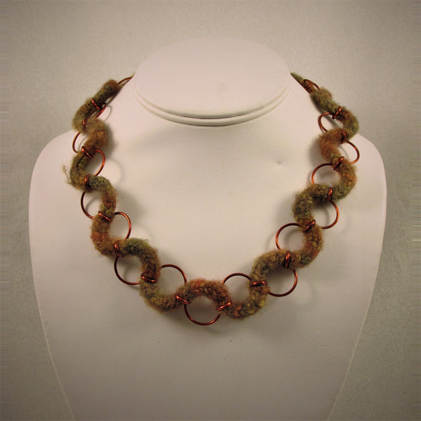 Variegated Brown wool hand knit cord Squiggle Necklace japanese weave