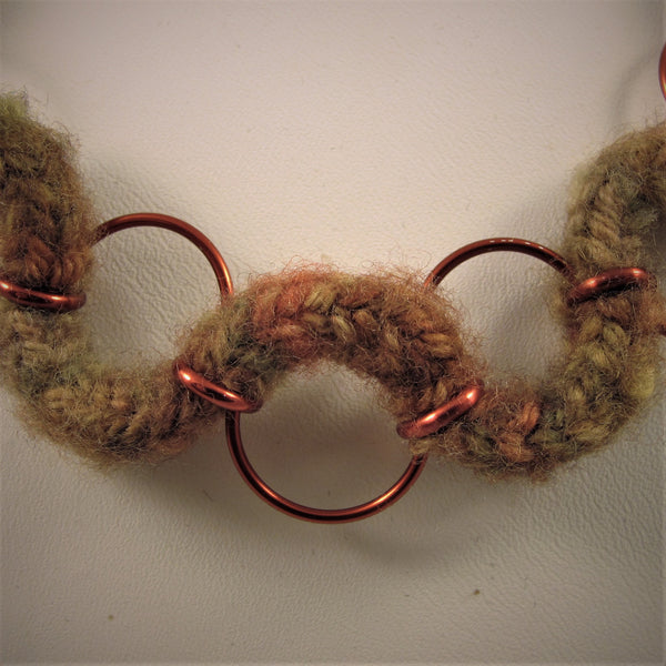 Variegated Brown wool hand knit cord Squiggle Necklace japanese weave